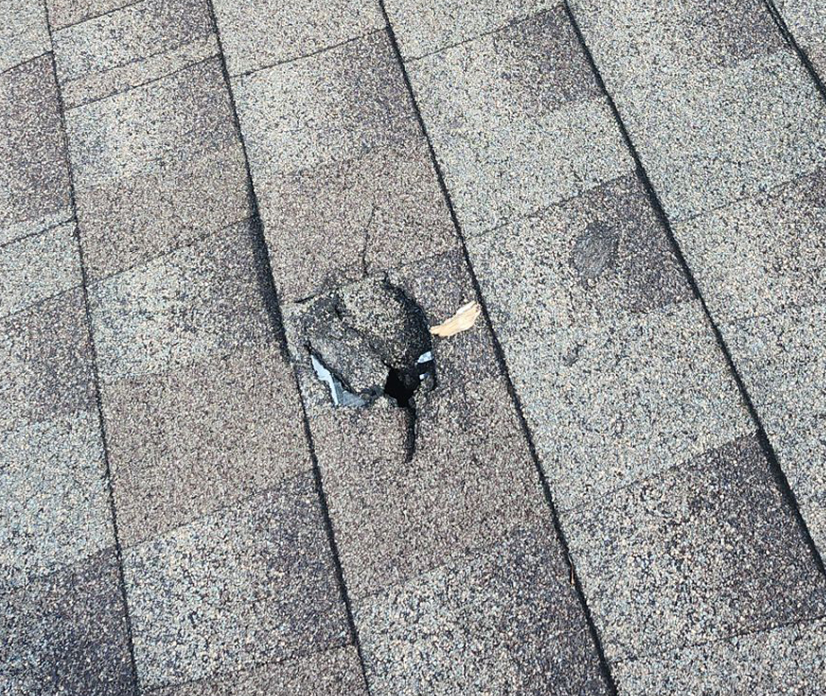 Torn Gray Asphalt Shingle with a Visible Opening Illustrating Roof Repair and Roof Leak Repair Services for Norman and Edmond, OK